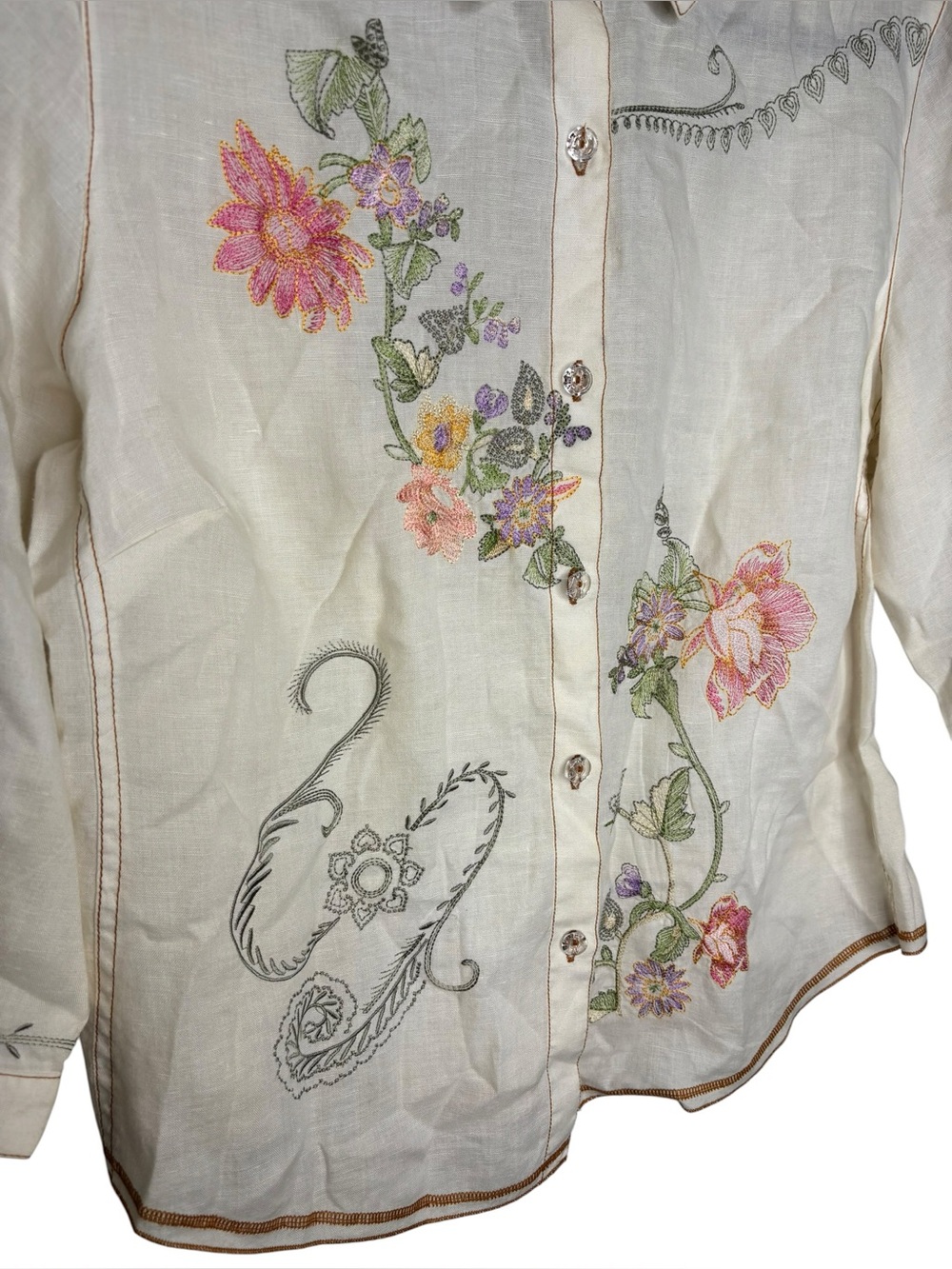 VTG Tweeds Linen Embroidered Floral Button Front Blouse Boho Cottagecore Large - Picture 2 of 10